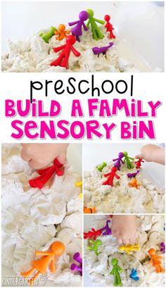 a collage of photos with the words preschool build a family sensory bin