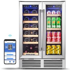 an appliance that is connected to two refrigerators with soda and beer in them