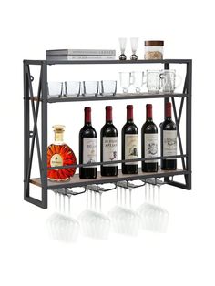 a metal shelf with bottles and glasses on it