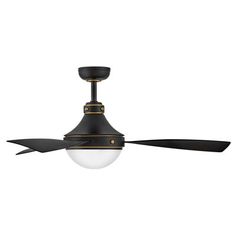 a black ceiling fan with two blades and a light bulb on it's side