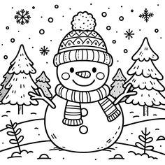 a black and white drawing of a snowman in the winter with trees behind it