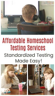 two children sitting at a desk with headphones on and text overlay that reads, affordable homeschool testing services standardized testing made easy