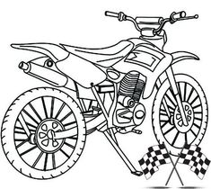 a drawing of a dirt bike with checkered flags on the front and back tire