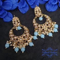 "Gorgeous, handcrafted gold & pop of color polki stud earrings! These are so classy! The earrings are 3.25 \" long & 2 \" wide. Picture is taken in natural room light. Please contact if you have any questions. Thanks!" Blue Kundan Chandelier Earrings For Wedding, Blue Chandbali Chandelier Earrings For Party, Blue Festive Danglers, Blue Meenakari Chandelier Earrings As Gift, Blue Danglers For Festivals And Celebration, Traditional Blue Chandelier Earrings For Party, Traditional Blue Danglers For Pierced Ears, Blue Danglers For Diwali Celebration, Blue Danglers For Diwali Gift