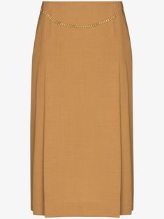 caramel brown high waist side zip fastening pencil design mid-length chain-link detailing Jim Kirk, Midi Skirt Brown, Clothing Templates, Beckham Style, Victoria Beckham Outfits, Victoria Beckham Style, Pencil Design, High Waisted Pencil Skirt, Caramel Brown