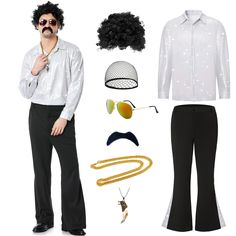 a man in white shirt and black pants standing next to other items including sunglasses, wigs