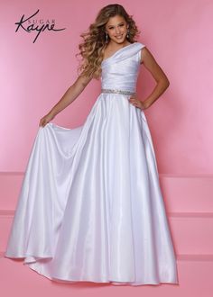 Sugar Kayne By Johnathan Kayne One Shoulder Shimmer Satin Ball Gown Pageant Queen, Nails Toes, Johnathan Kayne, Girls Communion Dresses, Mnm Couture, Pageant Gown, Jasz Couture, Satin Ball Gown, Plastic Dress