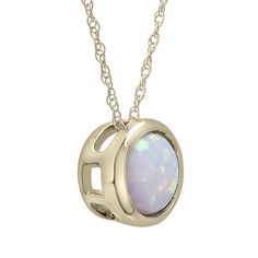 With a modern bezel setting, this round lab-created opal pendant bestows colorfully-cosmic beauty with creative energy. The 10K yellow gold accessory takes a simple style and makes it shine. Hit the mark with a go-to for an October birthstone gift or a just-because surprise. | Lab-Created Opal Pendant Necklace with Round Shape | 10K Yellow Gold | Size 18" | Helzberg Diamonds Yellow Gold Opal Jewelry In Round Shape, Fine Jewelry Opal Pendant, Yellow Gold Round Opal Jewelry, Fine Opal Jewelry Round Shape, Round Opal Fine Jewelry, Fine Jewelry Opal Round Necklaces, White Gold Round Birthstone Necklace, Opal Round Pendant Jewelry For Anniversary, Opal Birthstone Round Necklaces