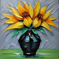 a painting of sunflowers in a black vase on a green and gray background