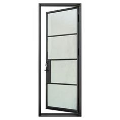 an open window on the side of a white wall with black frame and glass panels