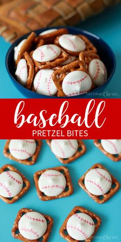 baseball pretzel bites in a blue bowl with the words baseball pretzels on it