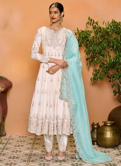 Off White Embroidered Anarkali Style Punjabi Suit Gharara Suits, Off White Colour, Half Saree Lehenga, Embroidered Anarkali, Silk Bottoms, Punjabi Suit, Casual Saree, Indian Suits, Lehenga Saree