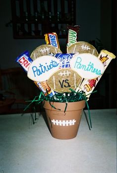 a potted plant filled with footballs and candy