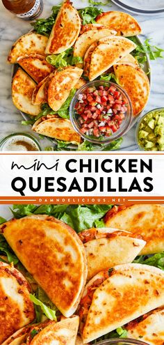 A New Year recipe for homemade chicken quesadillas! They're also a perfect Super Bowl party idea. Filled with salsa chicken, refried beans, and cheese, these mini quesadillas are a delicious, easy game day food! Mini Chicken Quesadillas, Mini Quesadillas, Beans And Cheese, Bowl Party Food, Salsa Chicken, Superbowl Snacks, Super Bowl Party, Superbowl Party Food, Chicken Quesadillas