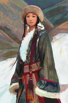 an oil painting of a woman in native clothing with fur on her head and scarf around her neck