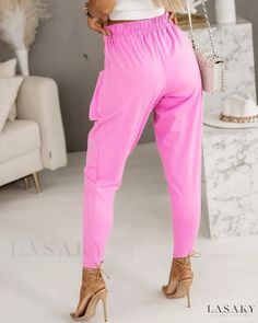 Lasaky - Premium Casual Harem Pants with Innovative Pocket Design Stretch Tapered Leg Bottoms, Pink High-waisted Pants With Side Pockets, Pink Ankle-length Pants With Pockets, Pink Bottoms With Side Pockets For Work, Pink Workwear Bottoms With Side Pockets, High Waist Pink Pants With Side Pockets, Pink Elastic Waistband Trousers, Pink Long Pants With Solid Color, Pink Trousers With Elastic Waistband