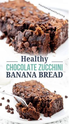 healthy chocolate zucchini banana bread on a white plate