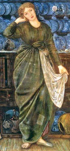 a painting of a woman in a green dress standing on a wooden floor next to an old dresser