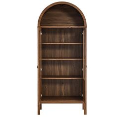 a wooden bookcase with an arched top and two shelves on one side, in dark wood