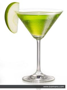 a green drink in a martini glass with an apple on the rim and text that reads, go apple dumping daring