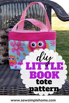 a little book tote bag sitting on top of a wicker chair with the title diy little book tote pattern