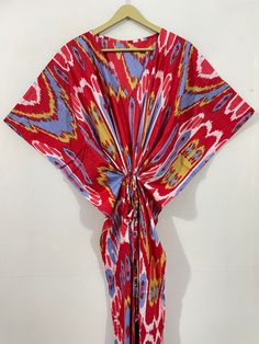 "This Beautiful Indian Cotton Caftan or can be called as Tunic is made with super fine quality cotton and designs have been crafted by Hand Prints. Measurements :- Size - Free Size Length -138 Cm / 54 Inches Bust/chest size - 87 CM/ 34 Inches Fabric - 100% Cotton Pattern - Floral Kaftan has Adjustable Drawstring Waist to loose or tight , Kaftan has V Shape Neck Which is 8\" Inches Deep. Kaftan Is Multi-purposeand can be worn as a cover up at the Beach ,Lounge wear ,sleepwear ,Pregnant Women Hospital Gown for Newly Moms ,Maxi Dress ,Free Dress etc . Indian Kaftan Very comfortable to wear in both hot or cold weather. Kaftan Is super Comfortable .it will be loose and free Flowing and Fabric is very soft with Vibrant Color Note :-Due to different Monitor Setting Colors may be Little vary To or Beach Fashion For Women, Cotton Caftan, Hand Prints, Hospital Gown, Long Kaftan, Free Dresses, Beach Fashion, Women Nightwear, Indian Cotton