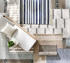 an aerial view of a living room with blue and white rugs