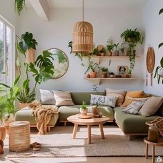 House Plants Interior Design, Green Yellow Orange Living Room, Living Room Designs Earth Tones, Boho Jungle Living Room, Living Room Nature Theme, Boho Chic Beach House, Plant Themed Living Room, Boho Living Room Decor Inspiration, Boho Luxe Living Room