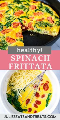 spinach frittata with cheese and tomatoes in a skillet on the side