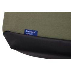 the back end of a green and black chair with blue label on it's side