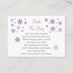 a book request for baby with snowflakes on the front and purple lettering in white