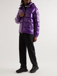 Purple Maya Quilted Shell Hooded Down Jacket | MONCLER | MR PORTER Moncler Maya, Puffy Design, Jacket For Men, Chilly Weather, Mr Porter, Down Jacket, Patch Pocket, Labour Day, Fashion News