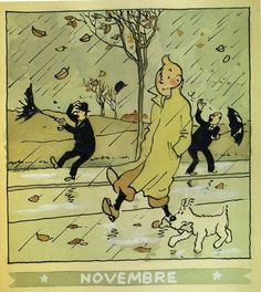 a drawing of a boy running in the rain with his dog and another person holding an umbrella