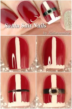 santa suit nails step by step diy tutorial christmas nail colors red nail polish gold glitter nail polish on the pinky finger Christmas Nail Polish, Christmas Nail Art Ideas, Nail Art Noel, Xmas Nail Art, Kutek Disney, Snowflake Nail Art, Santa Suit