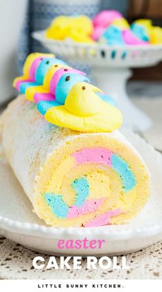 an easter cake roll is on a white plate