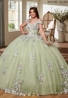 Floral Ballgown, Green Quinceanera Dresses, Debutante Ball, Quince Dress, Cold Shoulder Styles, Corset Dress Prom, Rachel Allan, Quinceanera Dress, Ball Gown Skirt