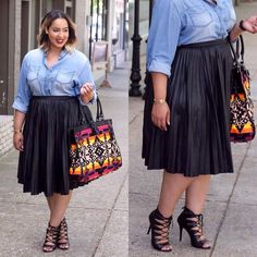 Plus Size Pleated Skirt Outfits, Modest Plus Size Fashion, Blue Top Outfit, Pleated Skirt Plus Size, Pleated Leather Skirt, Plus Size Chic, Look Office, Plus Size Looks, Outfit Work