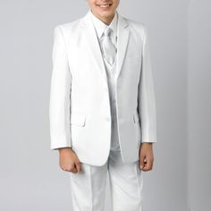 Boy's white suit 5-piece set. Modern Fit. Set includes: coat, pants, vest, dress shirt, and necktie. Available sizes for toddlers and teens. High quality boys tuxedo. Made of exceptional Poly/Rayon blend fabric. Perfect for weddings, parties, or an