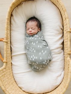 a baby is sleeping in a wicker basket