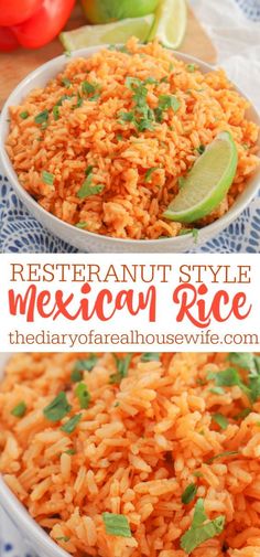 mexican rice in a bowl with limes and tomatoes