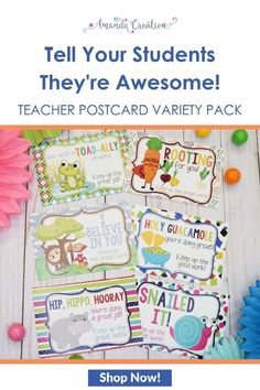 the teacher's postcard variety pack is shown with flowers and candy on it