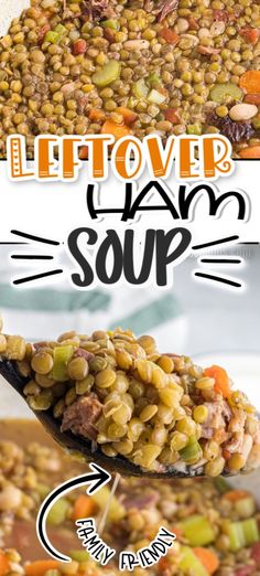 this is an image of a spoon full of lentils and carrots with the words liftover i am soup above it