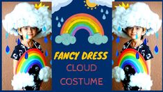 a child wearing a fancy dress with clouds and rainbows