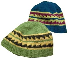 two knit hats with different patterns on them