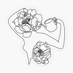 a black and white line drawing of a woman with flowers in her hair holding a watering can