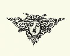 an artistic drawing of a woman's face with snakes around her head, vintage line drawing or engraving