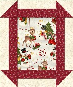 a quilted christmas scene with reindeers and snowmen on it's sides