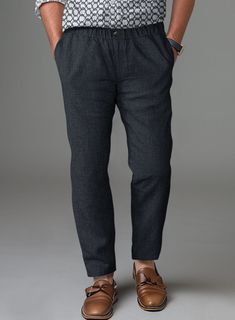 Classic luxury doesn't come any better than our well tailored Easy Pants Dark Blue Linen. Crafted from linen, the pants are the pinnacle of laid-back summer style as linen is breathable that keeps you all aired out. Keep it simple with a matching jacket and waistcoat, a crisp white shirt and dark brown brogue shoes.  Look Includes   Dark Blue Linen Fabric  Elastic Waistband  Zip fly With Button Closure   Internal Drawstring   Two Welted Back Pockets   Click 'Customize Now' to modify the look if Linen Tapered Leg Pants With Pull-on Style, Casual Linen Dress Pants With Welt Pockets, Relaxed Fit Linen Dress Pants With Tapered Leg, Casual Linen Dress Pants Straight Leg, Casual Linen Dress Pants, Tailored Casual Linen Pants, Tailored Linen Casual Pants, Tailored Linen Ankle-length Pants, Linen Chinos For Summer Workwear