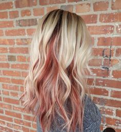 Blonde With Colored Peekaboo, Platinum Blonde With Copper Underneath, Blonde With Fun Colors Underneath, Blonde Ideas For Fall, Blond Hair With Underneath Color, Blond Hair With Dyed Tips, Fall Blonde Hair With Red, Blonde With Red Peekaboo Highlights, Platinum Hair With Peekaboo Color