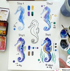 the watercolors are being used to paint seahorses and other marine creatures